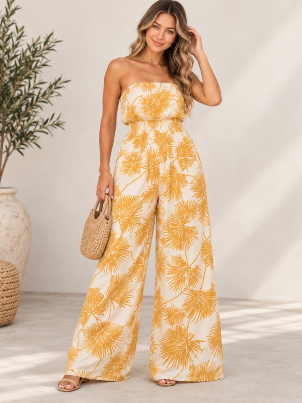 Tropical Palm Print Strapless Jumpsuit